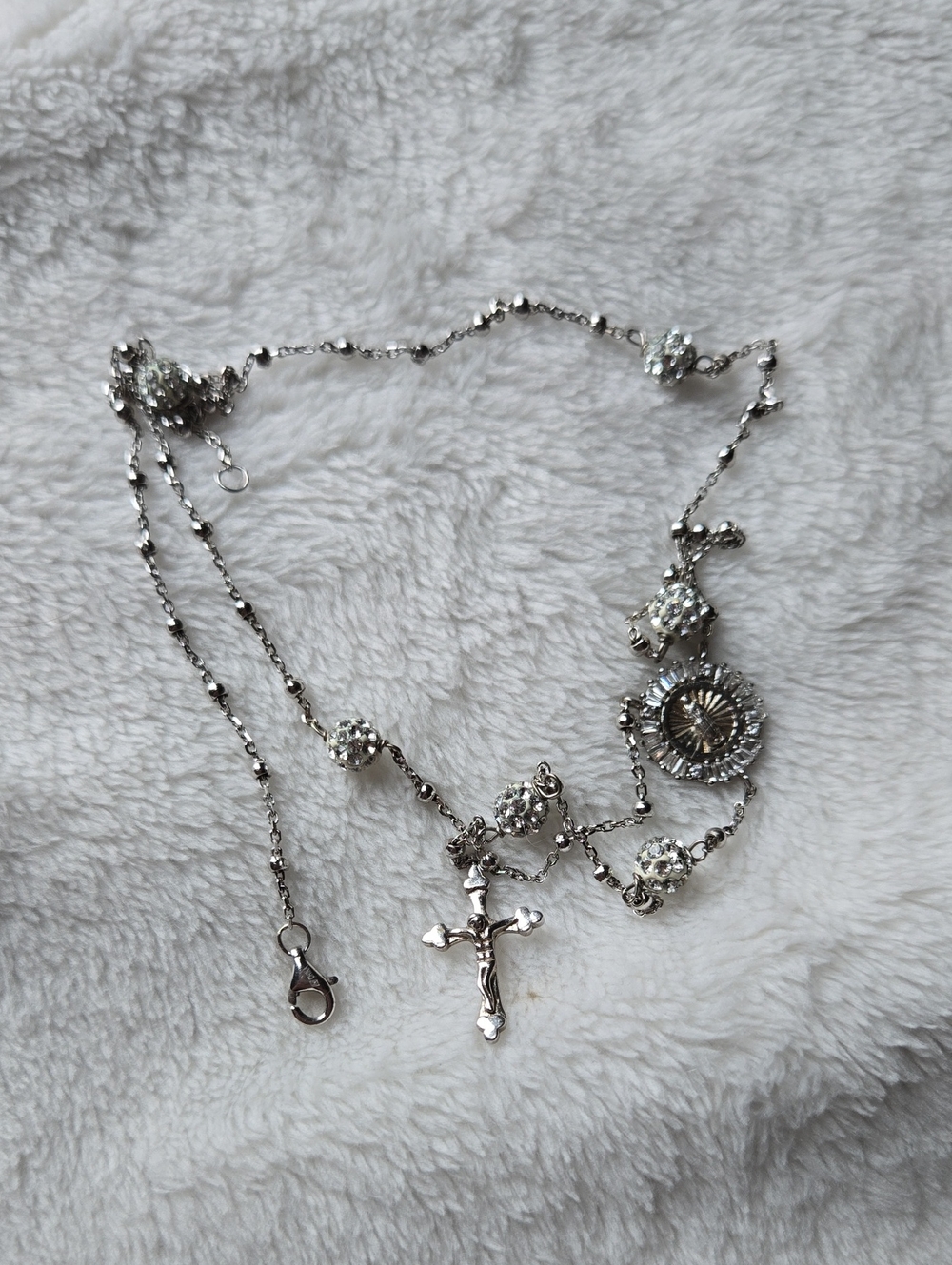 925 Silver Crystal Rosary Necklace with Cross And Mother Mary